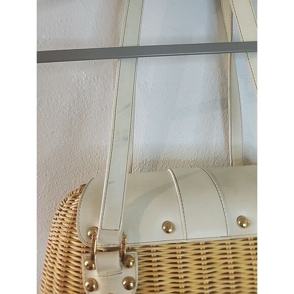 ETIENNE AIGNER Woven Wicker Basket Oblong Purse Handbag Leather Handles Straw - Picture 7 of 10